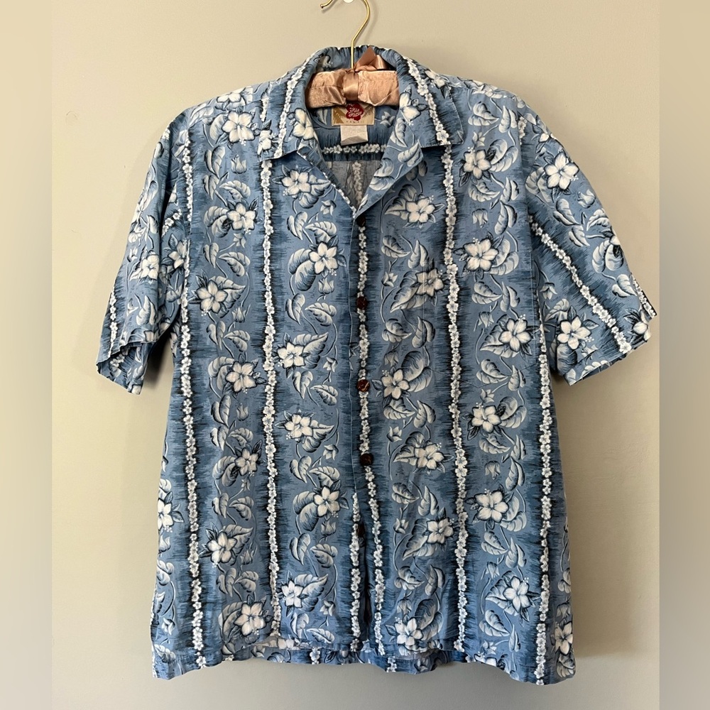 Men's authentic vintage retro Blue Floral Hawaiian Shirt small